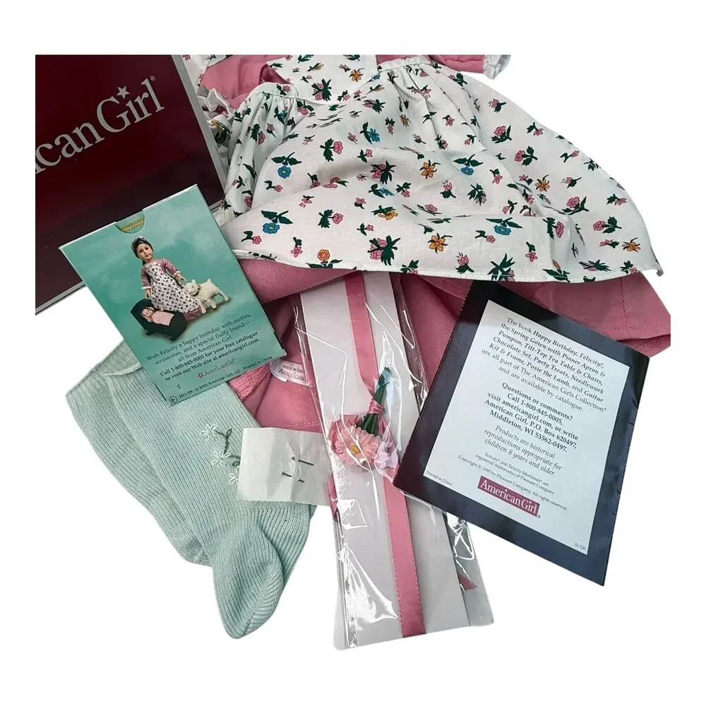 American Girl Felicity Spring Gown Pinner Apron Socks Pins Hair Flowers Pins Box - Picture 8 of 11